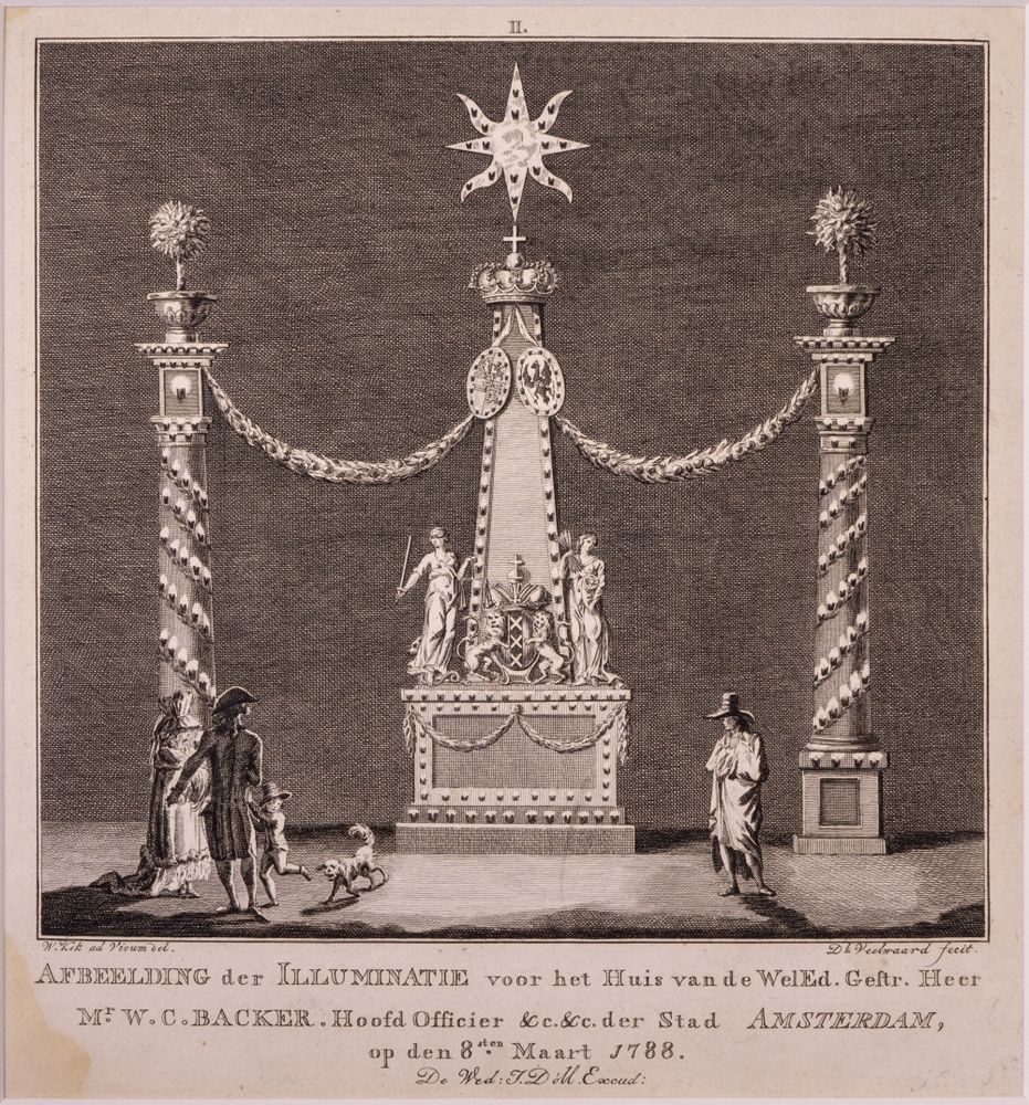 Illuminatiën en Decoratiëen te Amsterdam op den 40sten verjaardag van Willem V. II. bij W.C. Backer, hoofdofficier.