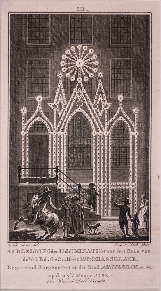 Illuminatiën en Decoratiën te Amsterdam op den 40sten verjaardag van Willem V. III. bij P.C. Hasselaar, Regerend Burgemeester.