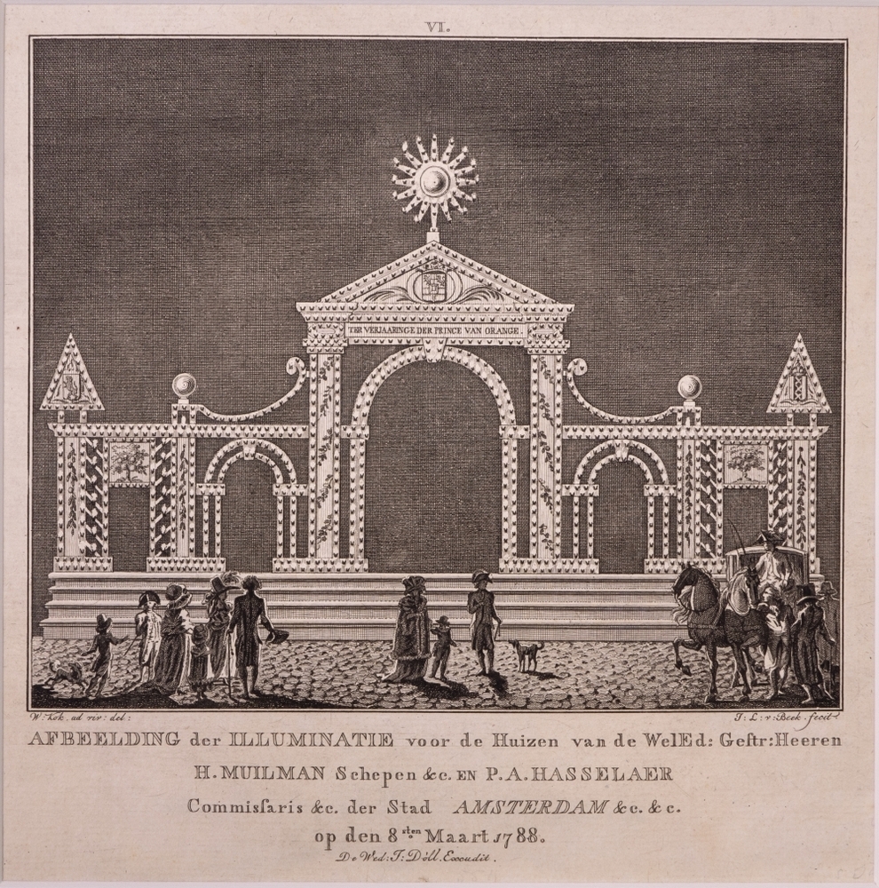 Illuminatiën en Decoratiën te Amsterdam op de 40ste verjaardag van Willem V. VI. voor de huizen van H. Muilman en P.A. de Hasselaer.