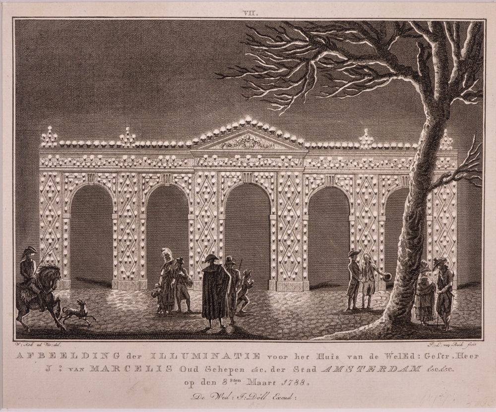Illuminatiën en Decoratiën te Amsterdam op de 40ste verjaardag van Willem V. VII. voor het huis van J. van Marcelis, Oud Schepen.