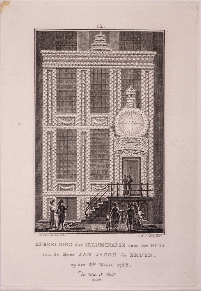 Illuminatiën en Decoratiën te Amsterdam op de 40-ste verjaardag van Willem V. IX. voor het huis van J.J. de Bruyn.