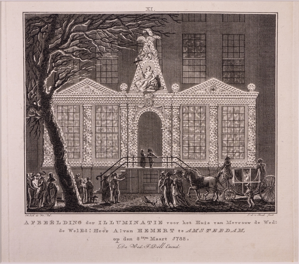 Illuminatiën en Decoratiën te Amsterdam op de 40-ste verjaardag van Willem V. XI voor het huis van de Wedeuwe A. van Hemert.