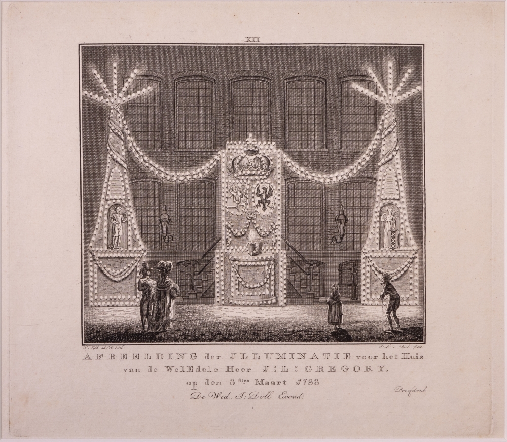 Illuminatiën en Decoratiën te Amsterdam op de 40-ste verjaardag van Willem V. XII. voor het huis van J.L. Gregory.