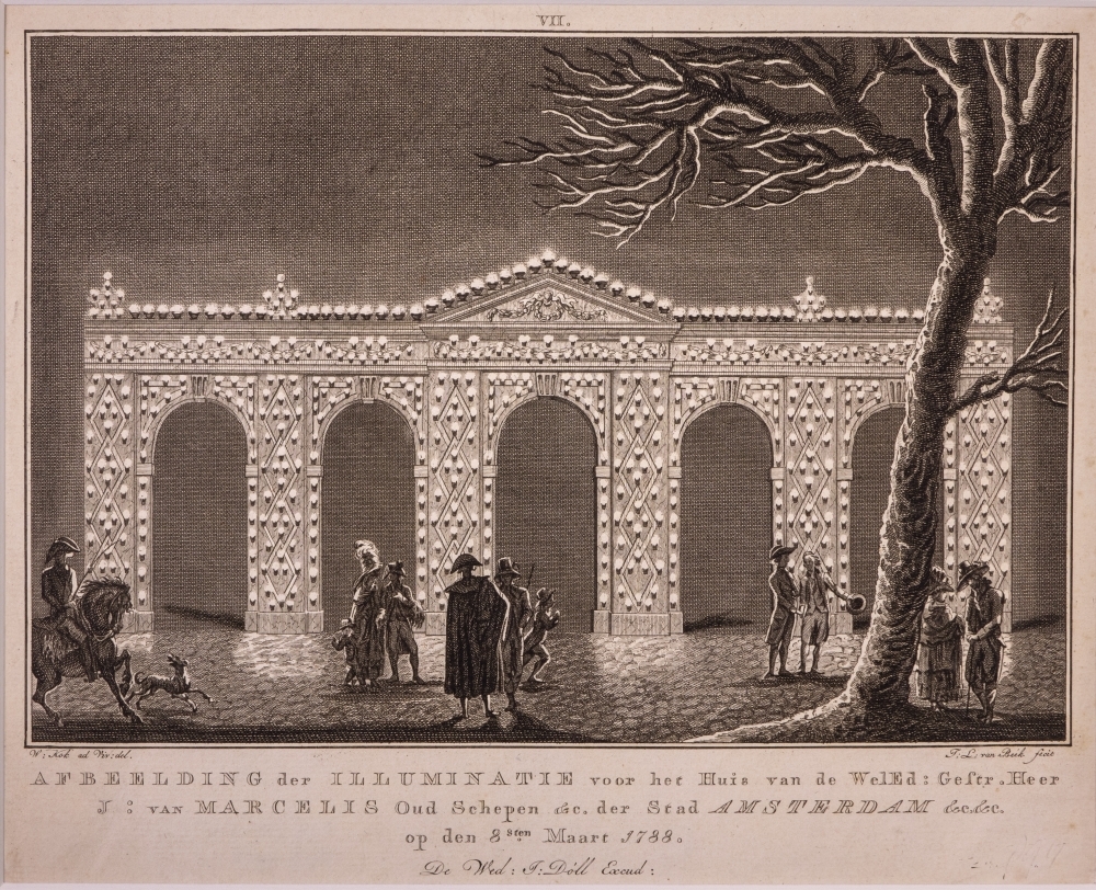 Illuminatiën en Decoratiën te Amsterdam op de 40ste verjaardag van Willem V. VII. voor het huis van J. van Marcelis, Oud Schepen.