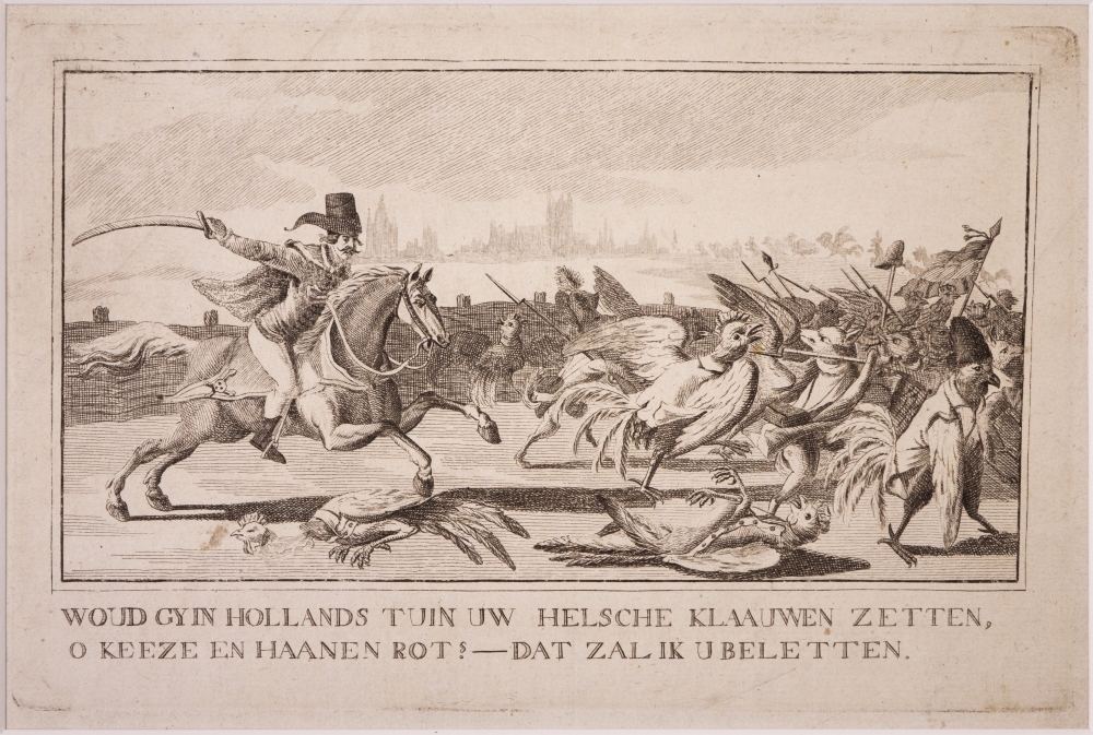 "WOUD GY IN HOLLANDS TUIN UW HELSCHE KLAAUWEN ZETTEN, O KEEZE EN HAANEN ROT! - DAT ZAL IK U BELETTEN." Zinneprent op de Pruisschische Interventie.