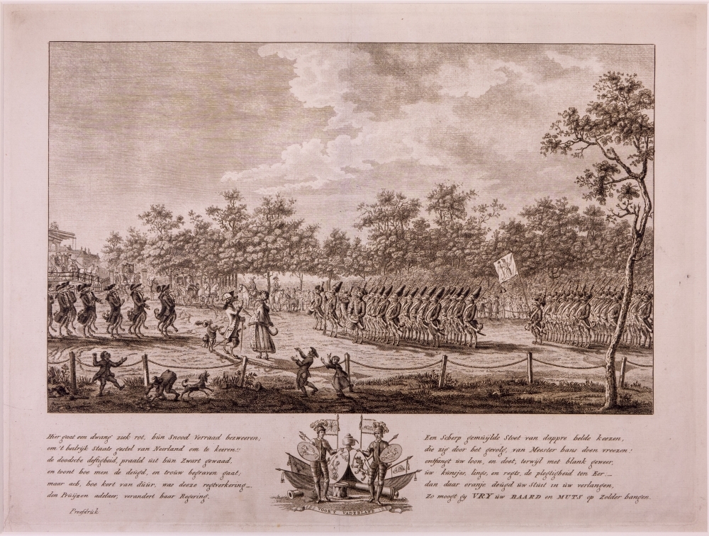 "Hier gaat een dwang ziek rot, ..." Spotprent op de eedsaflegging aan H. Hoog. Mog. van het Patriotsche wapenhandelend Genootschap te 's Hage.