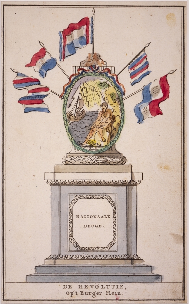 Plaat van de versiering bij de Illuminatie bij het Alliantiefeest te Amsterdam, "DE REVOLUTIE, Op 't Burger Plein."