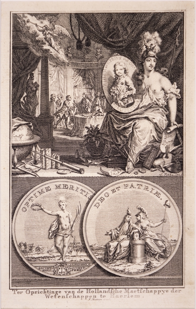 Zinneprent op de Oprichting van de Holl. Maatschappij van Westenschappen in Haarlem.