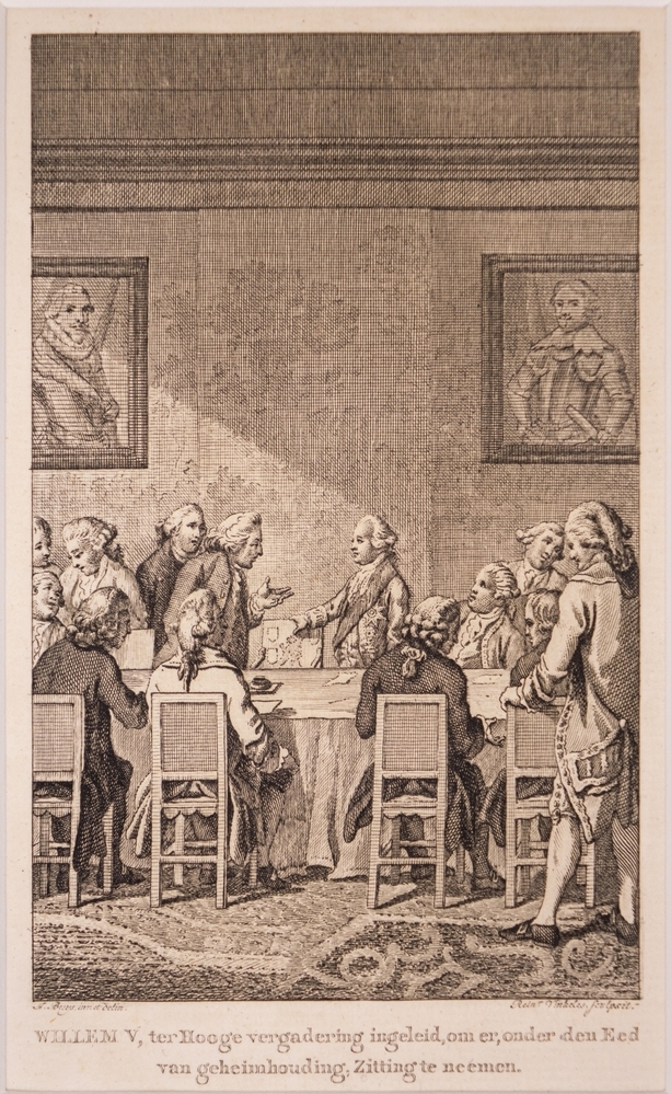 "WILLEM V, ter Hooge vergadering ingeleid, om er, onder den Eed van geheimhouding, Zitting te nemen."