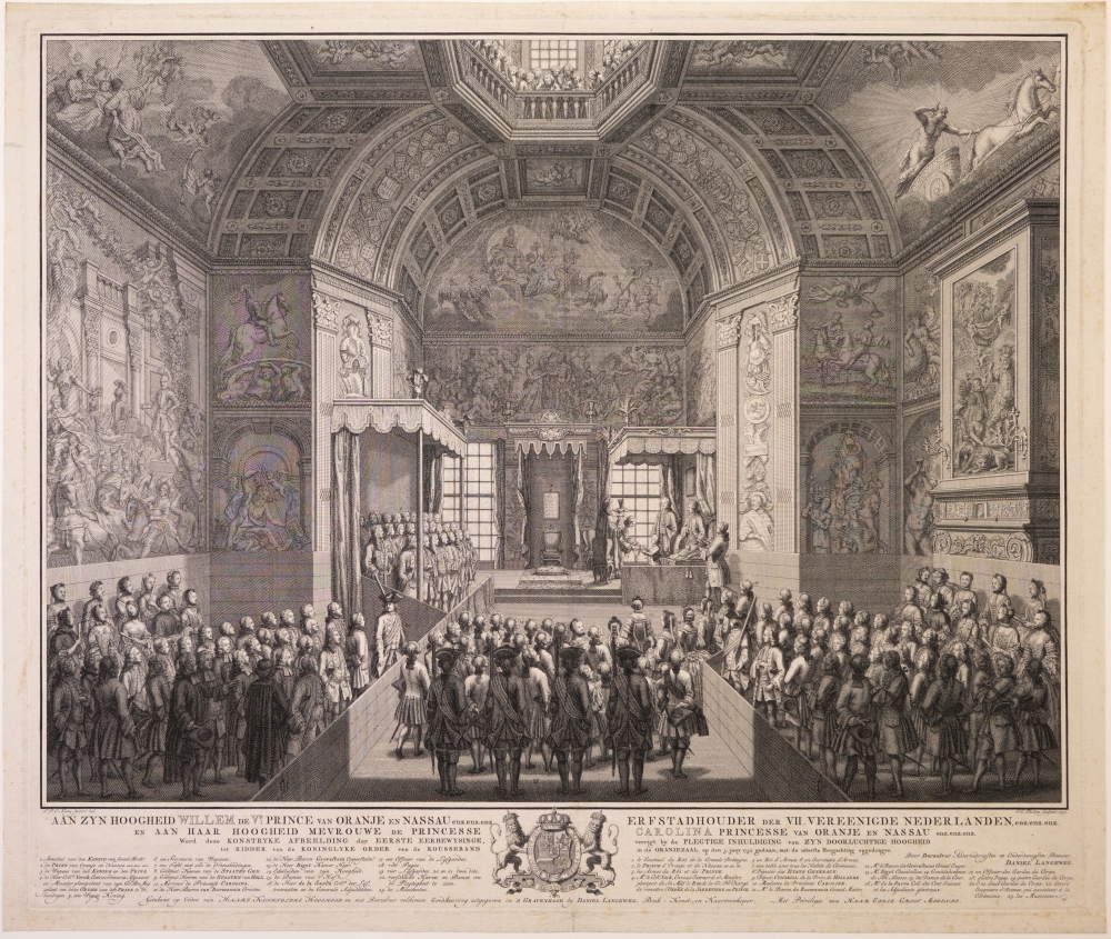 Afbeelding der inhuldiging van Willem V tot Ridder van de Kouseband, in de Oranjezaal op 5 juni 1752.