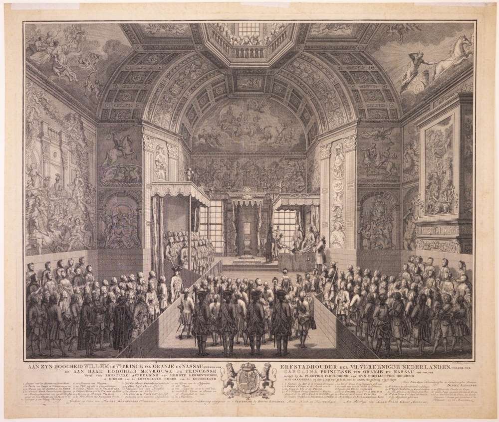 Afbeelding der inhuldiging van Willem V tot Ridder van de Kouseband, in de Oranjezaal op 5 juni 1752.
