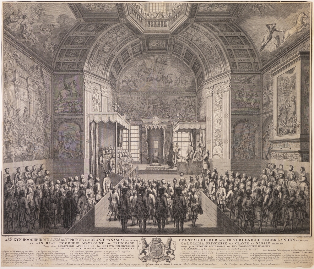 Afbeelding der inhuldiging van Willem V tot Ridder van de Kouseband, in de Oranjezaal op 5 juni 1752.