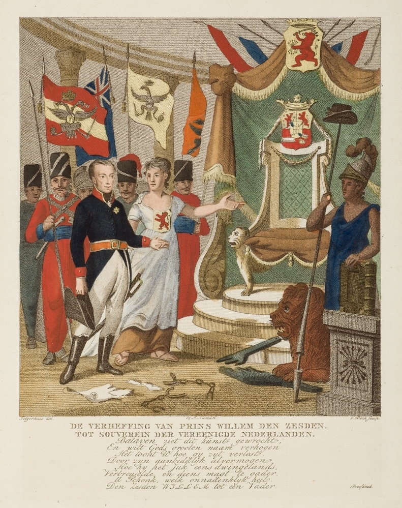 "DE VERHEFFING VAN PRINS WILLEM DEN ZESDEN . TOT SOUVEREIN DER VEREENIGDE NEDERLANDEN." zinn. voorstelling.