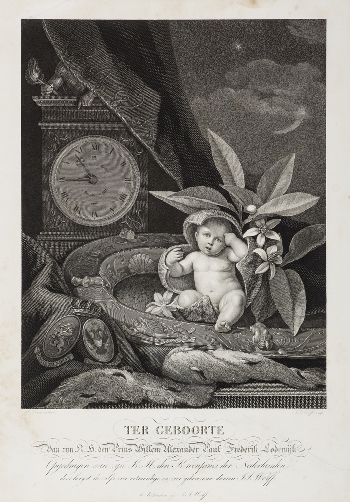 Zinneprent op de geboorte van de erfprins van Oranje (Koning Willem III). "TER GEBOORTE van zijn K.H. den Prins Willem Alexander Paul Frederik Lodewijk."