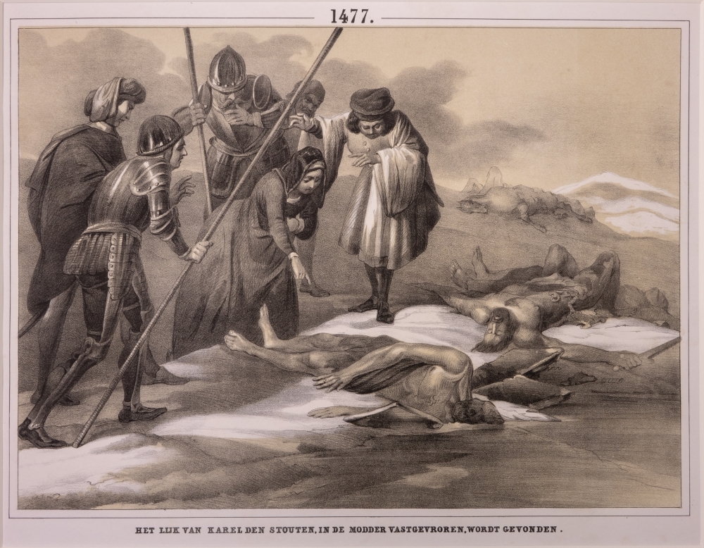 "HET LIJK VAN KAREL DEN STOUTEN, IN DE MODDER VASTGEVROREN, WORDT GEVONDEN."