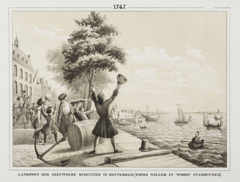 "AANKOMST DER ZEEUWSCHE SCHUITJES TE ROTTERDAM. (PRINS WILLEM IV WORDT STADHOUDER)"