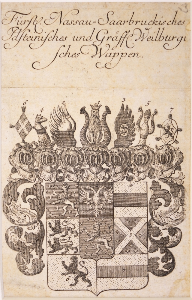 wapens: Wapens van Nassau - Saarbrucken, -Idstein en -Weilburg.