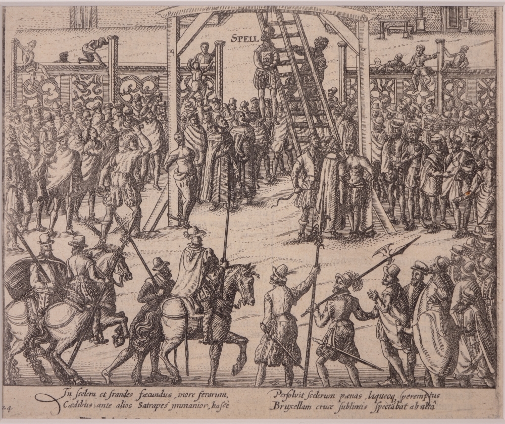 Een man wordt aan de galg gehangen.