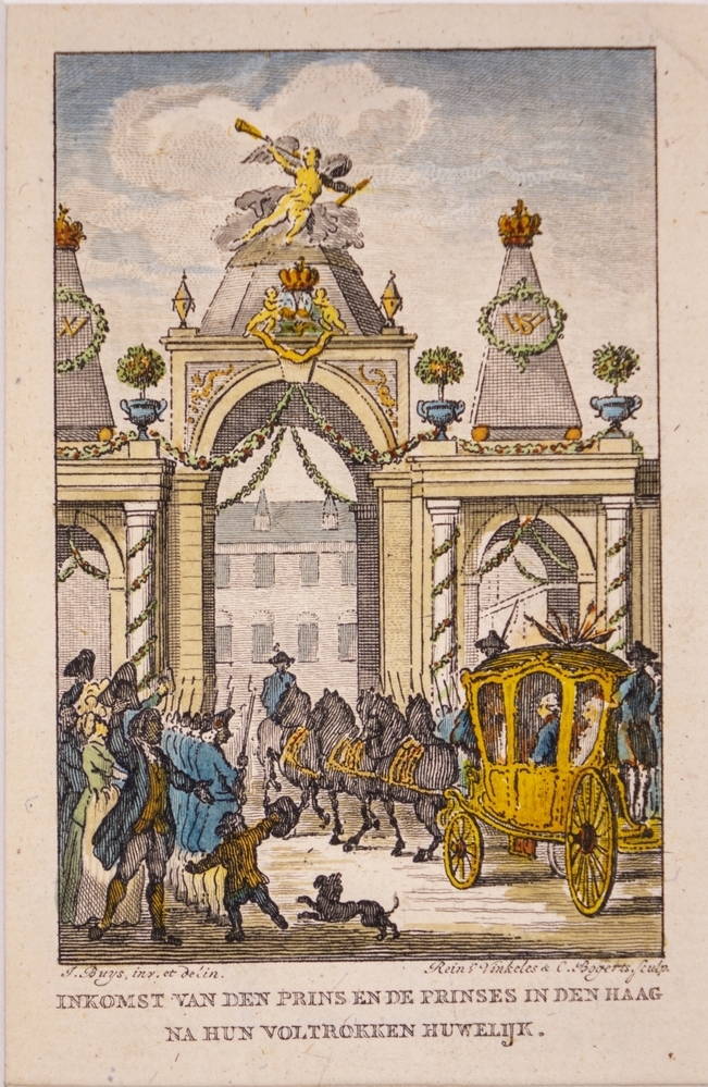 "INKOMST VAN DEN PRINS EN DE PRINSES IN DEN HAAG A HUN VOLTROKKEN HUWELIJK."