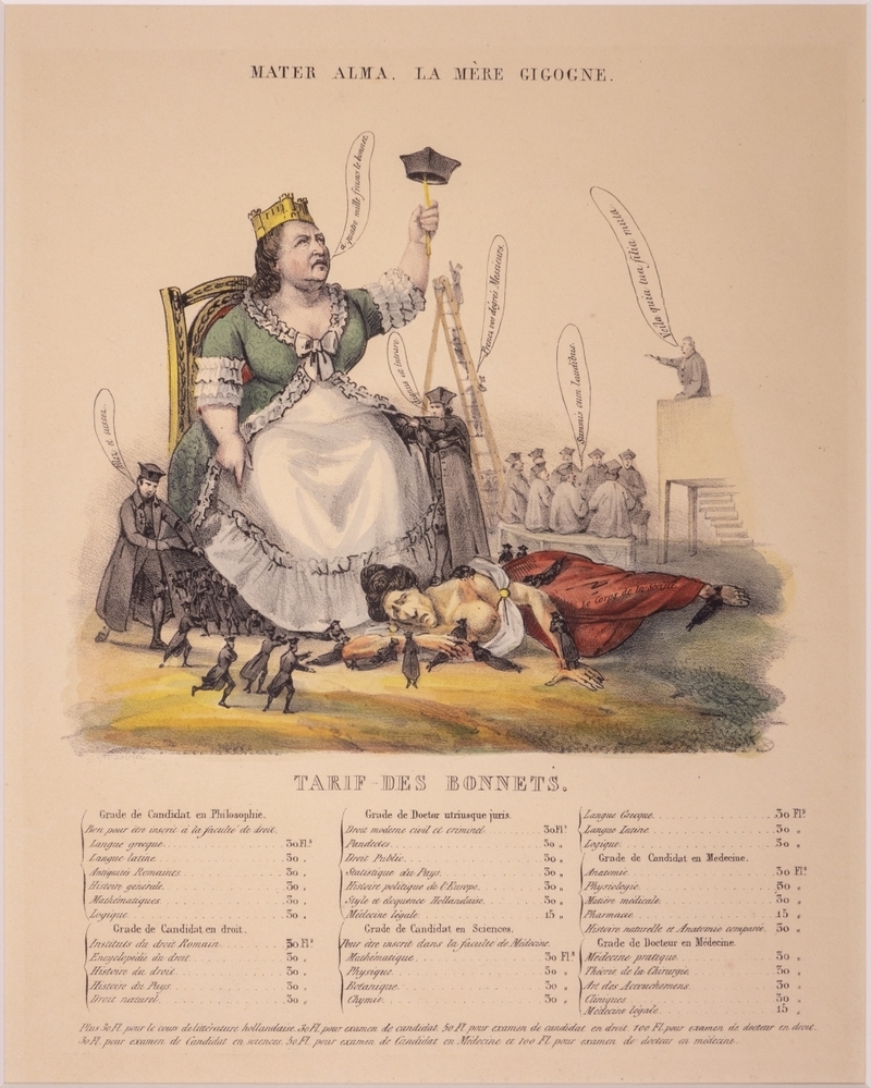 "MATER ALMA. LA MERE GIGOGNE". Spotprent op de Universiteit.