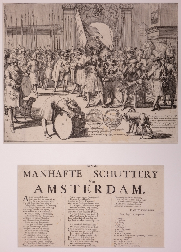 "Aan de MANHAFTE SCHUTTERY Van AMSTERDAM." Demping van het Aansprekers-oproer te Amsterdam.