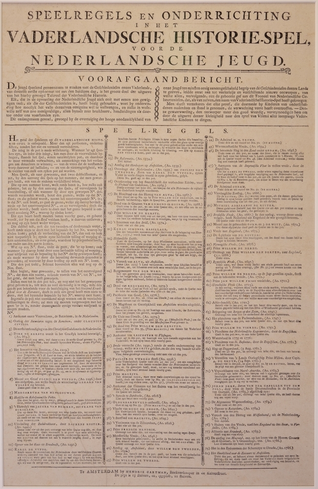 "Speelregels en onderrichting in het VADERLANDSCHE HISTORIESPEL, voor de NEDERLANDSCHE JEUGD."