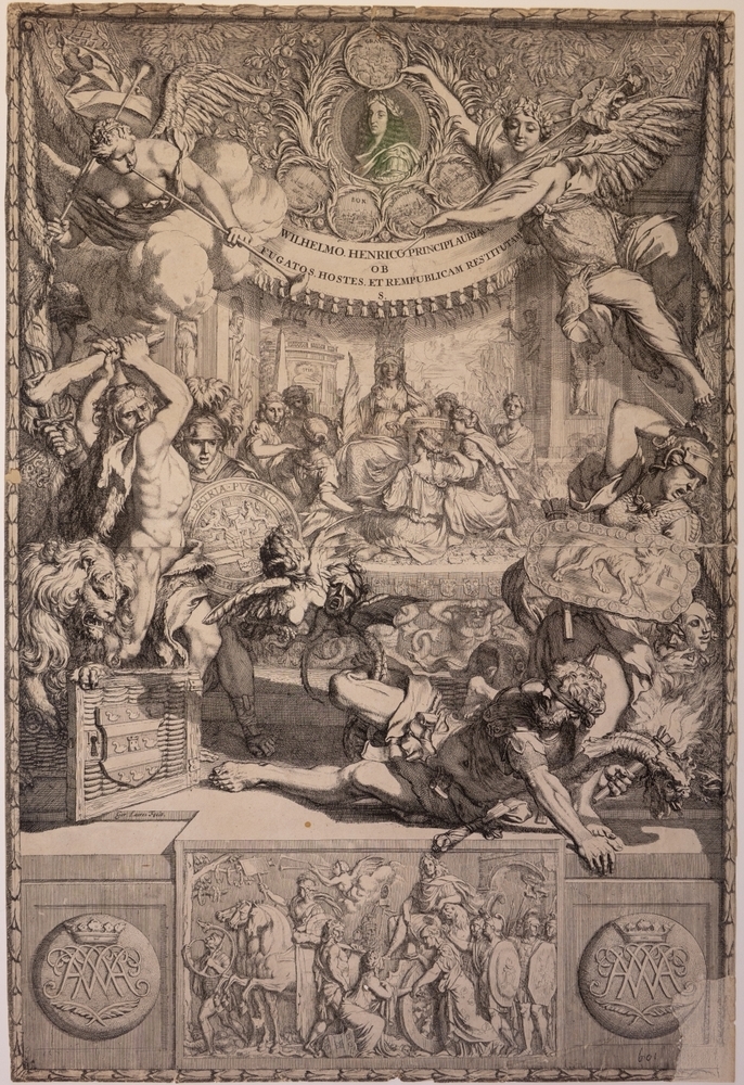 Zinnebeeldige voorstelling ter eere van Willem III na de zegenrijke veldtocht 1673.