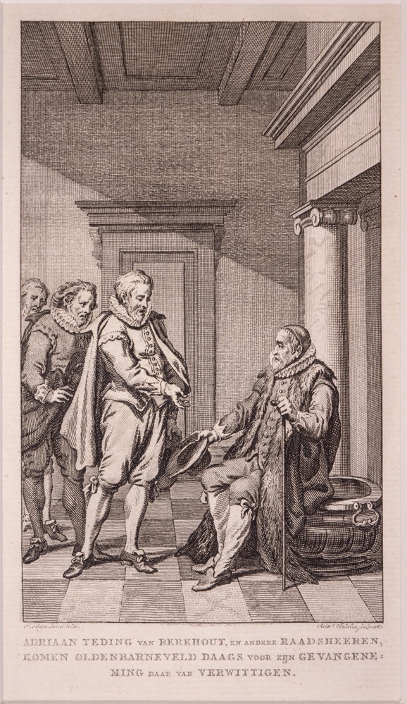 Raadsheren komen Johan van Oldenbarneveld daags voor zijn gevangeneming daarvan verwittigen.