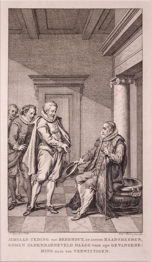 Raadsheren komen Johan van Oldenbarneveld daags voor zijn gevangeneming daarvan verwittigen.