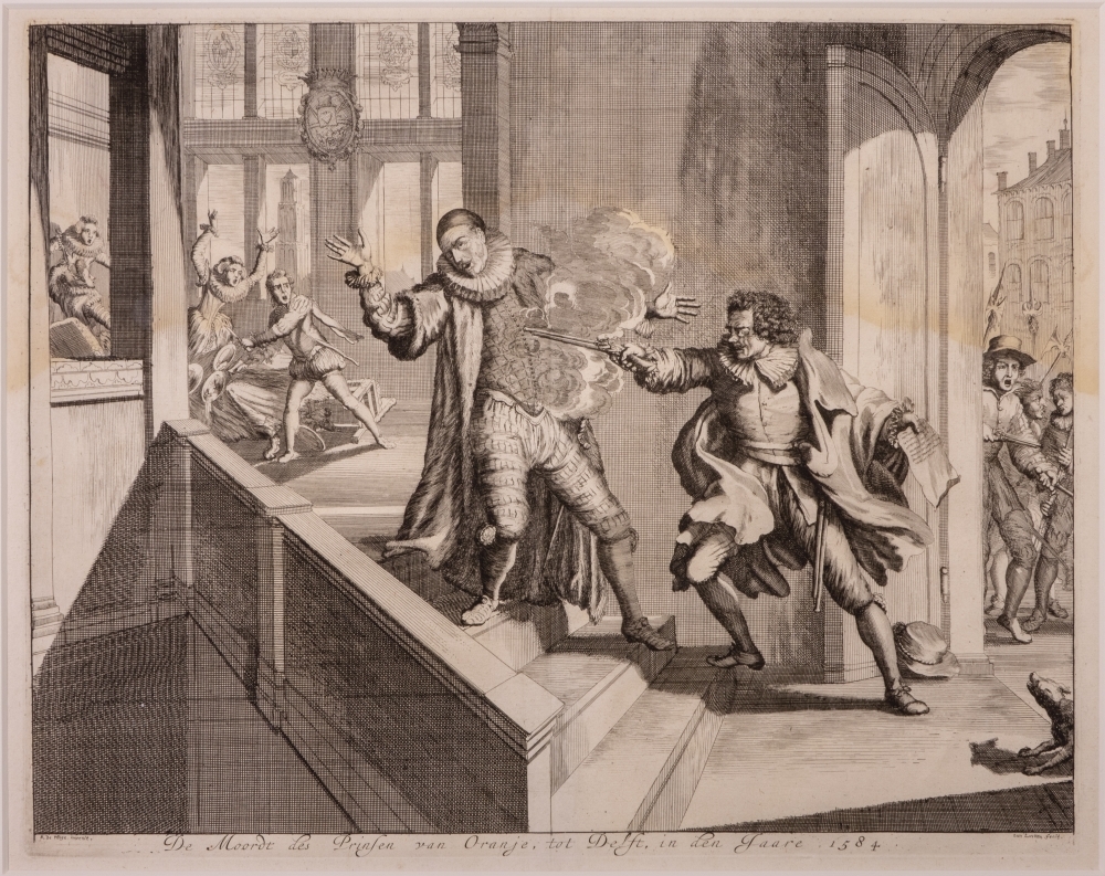 De moord op WILLEM I door Balthasar Gerards, te Delft.