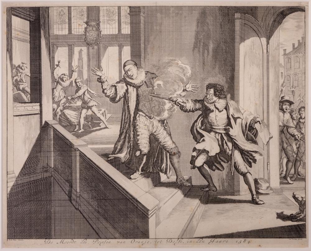 De moord op WILLEM I door Balthasar Gerards, te Delft.