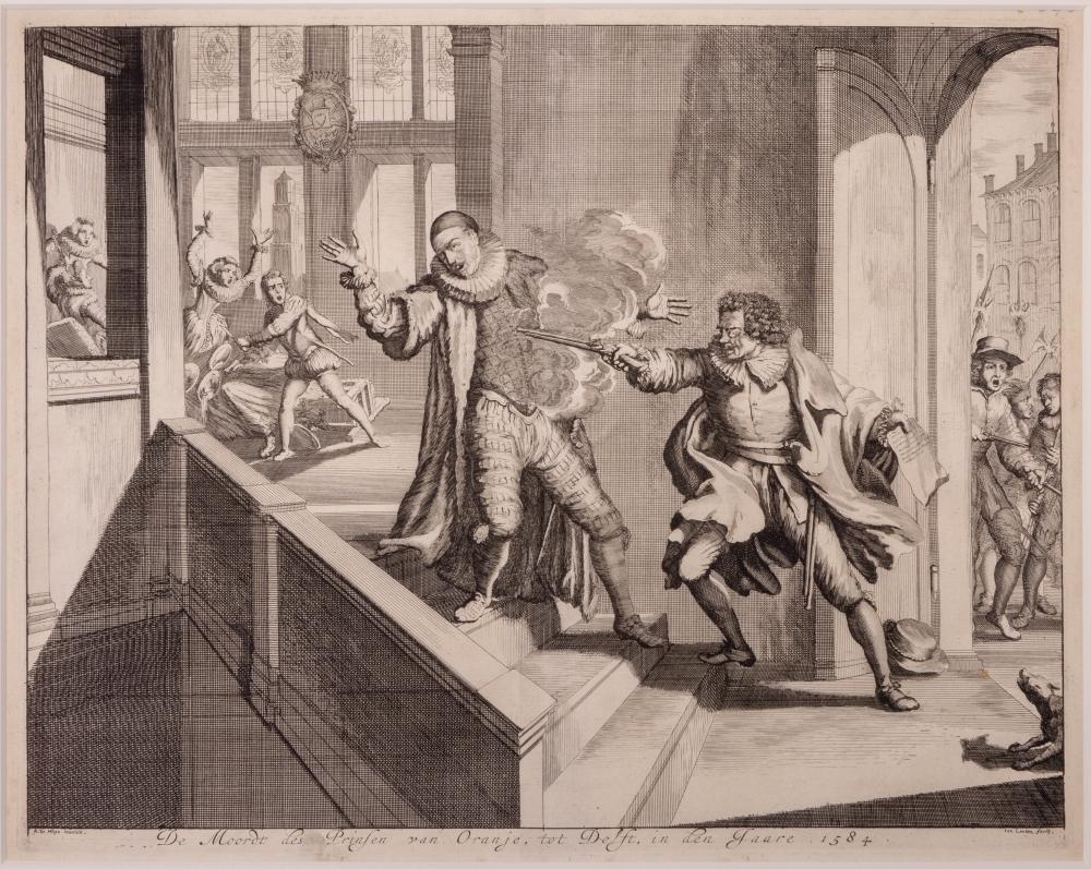 De moord op WILLEM I door Balthasar Gerards, te Delft.