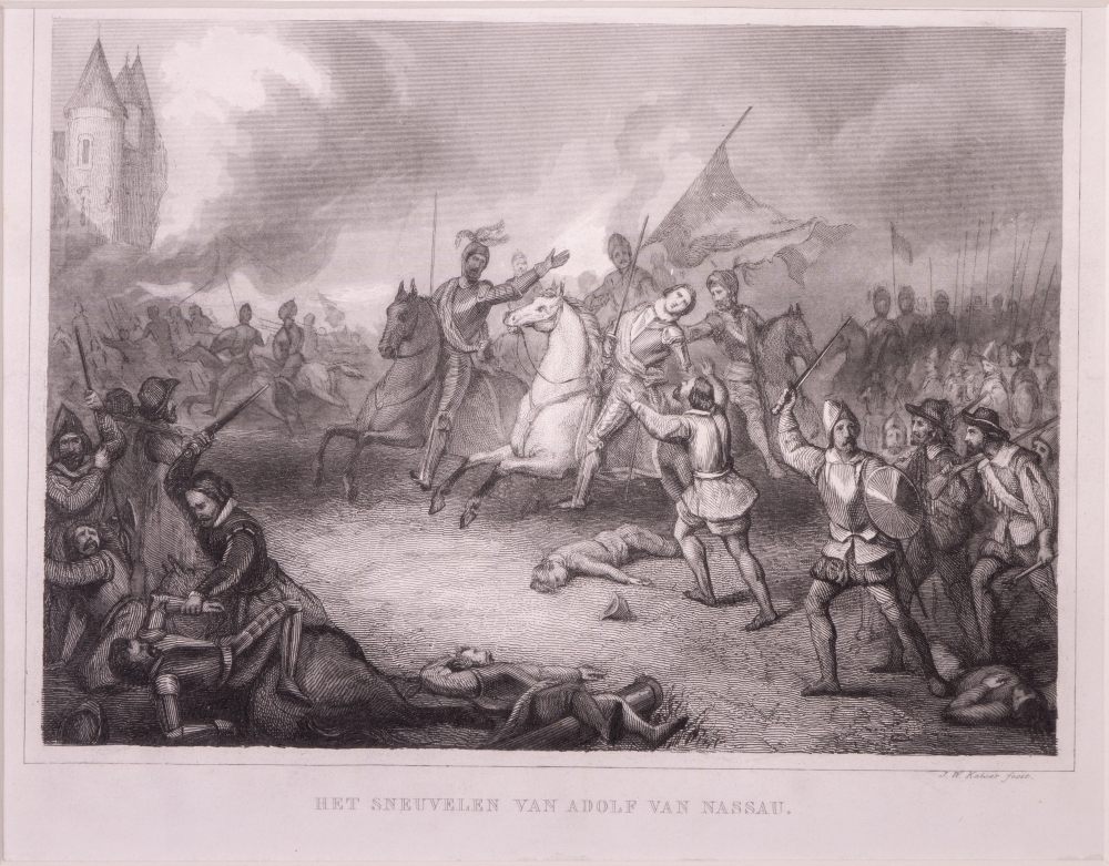 Het sneuvelen van Adolf van Nassau bij Heiligerlee tijdens de door zijn broer Lodewijk geleide veldtocht tegen Groningen.
