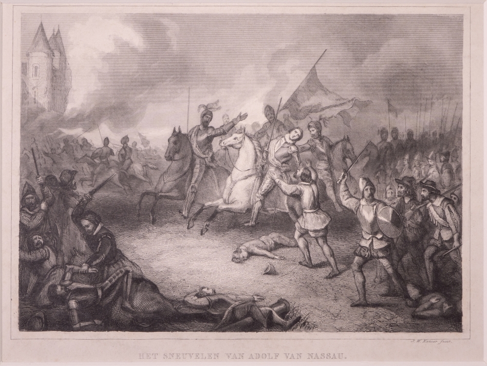 Het sneuvelen van Adolf van Nassau bij Heiligerlee tijdens de door zijn broer Lodewijk geleide veldtocht tegen Groningen.