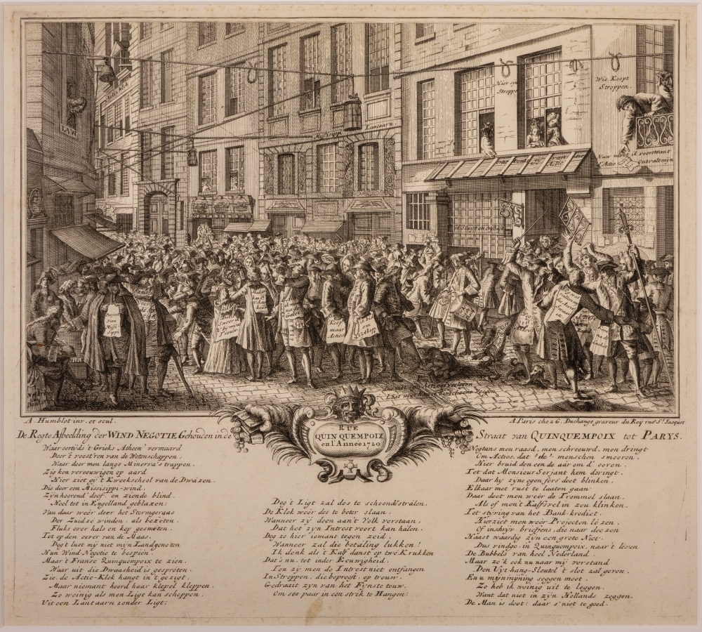 Plaat uit "TAFEREEL DER DWAASHEID" over de actie-handel in 1720. "RUE QUINQUEMPOIX en l'Année 1720" "De Regte Afbeelding der WIND NEGOTIE..."