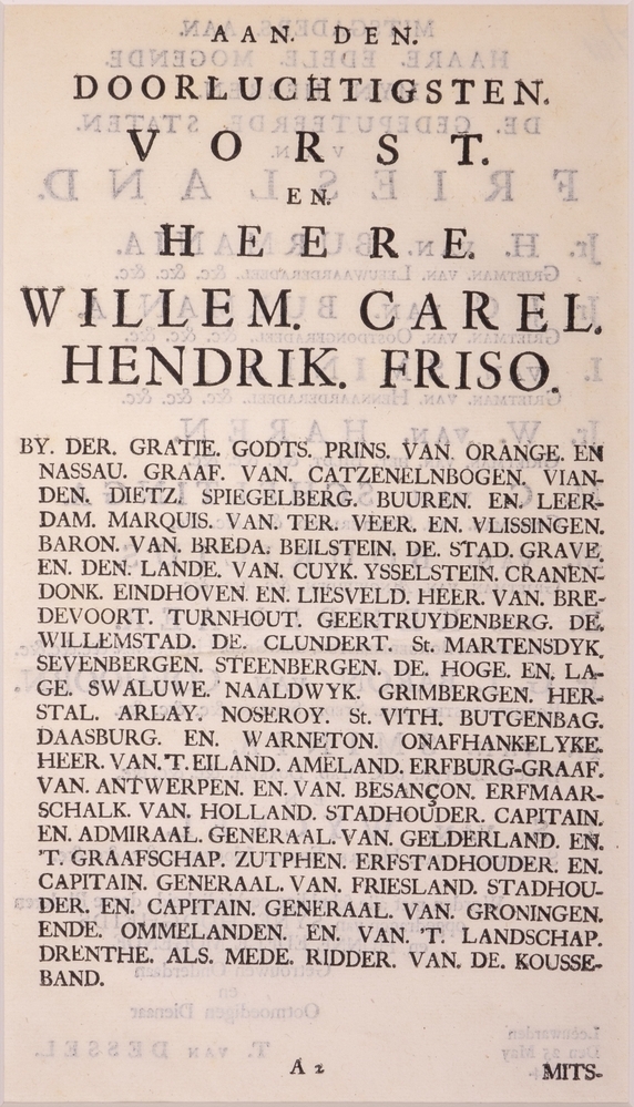 Opdracht-blad uit een boek opgedragen aan Willem IV door T. van Dessel.