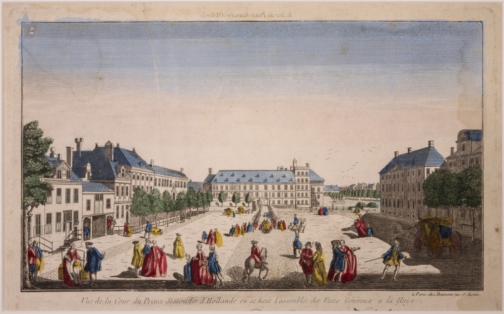 topografie: "VUE DE LA COUR DU PRINCE STATOUDER D'HOLLANDE OU SE TIENT L'ASSEMBLE DES ETATS GENERAUX A LA HEYE."