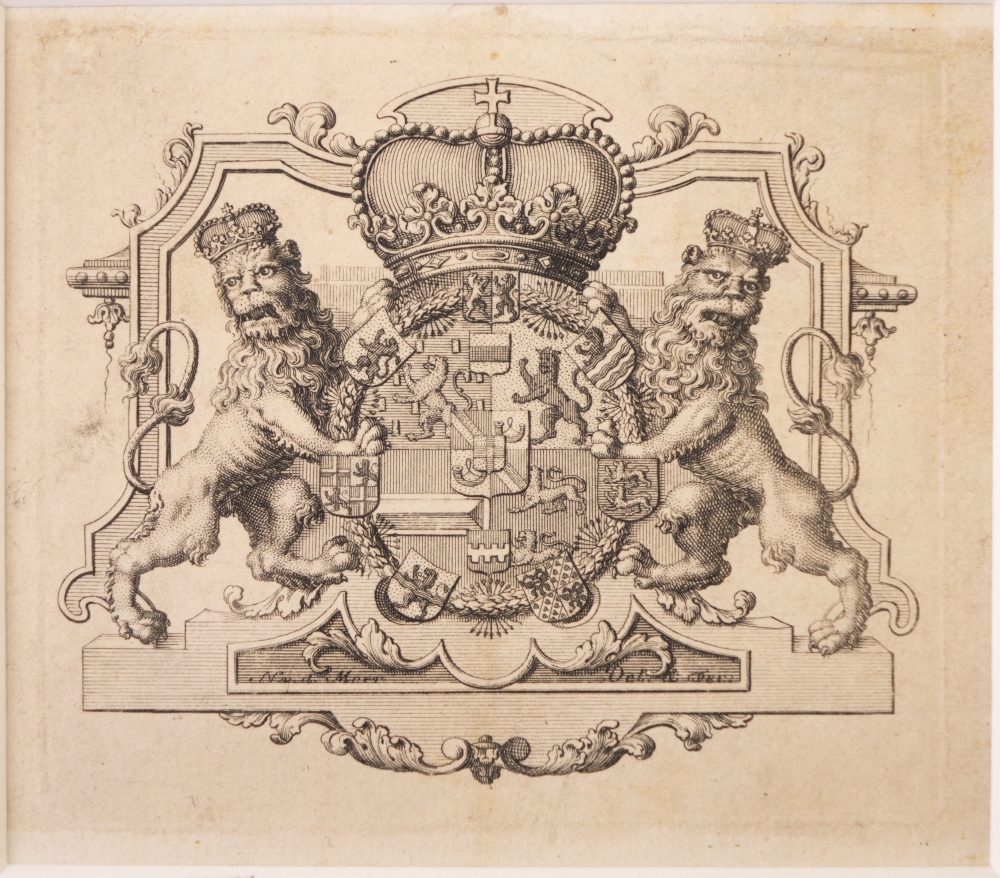 wapens: Wapen van Willem I, de Zwijger met een aantal provinvie-wapens.