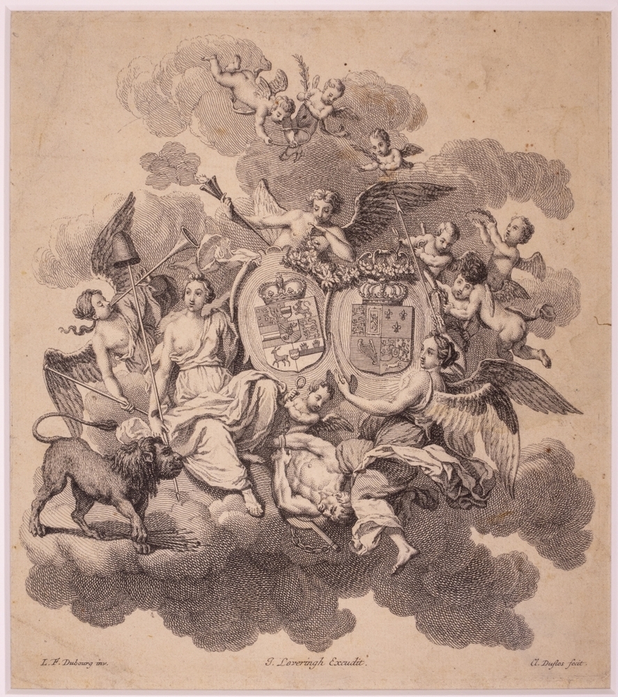 wapens: Zinnebeeldige voorstelling met wapen van Koning George I en II van Engeland, en wapen met daarin enkele elementen van Oranje en Nassau.