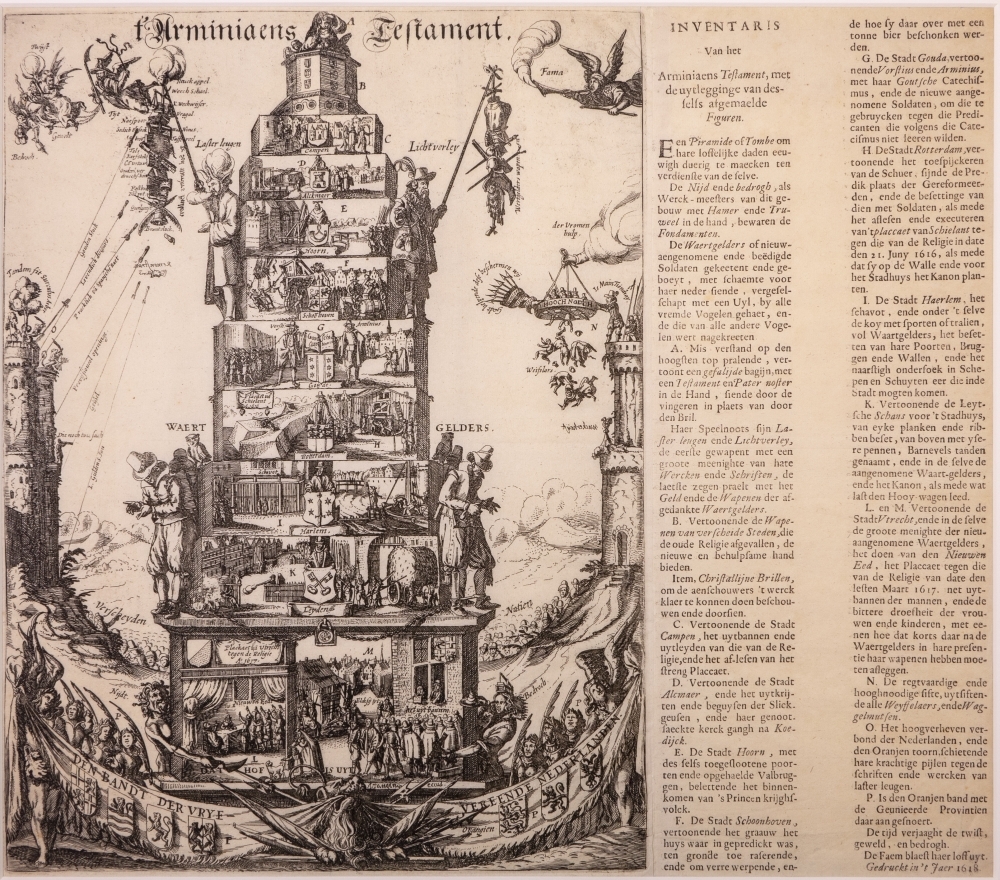 "t'Arminiaens Testament." Zinneprent op de ondergang der Arminiaansche partij.