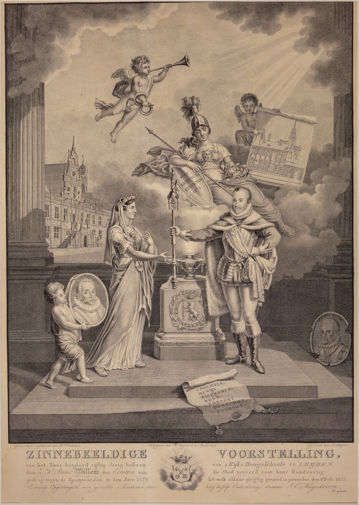 "ZINNEB.VOORST.v.h.Twee honderd vijftig Jr. best. v.Rijks Hoogesch.te LEIJDEN d. Z.H. Prins Willem d.Eersten aan die Stad verëerd v.h.standvastig gedrag tegen d.Spanjaarden in den Jare 1574 van welk aldaar plegtig gevierd is geworden den 8 Feb:1825."