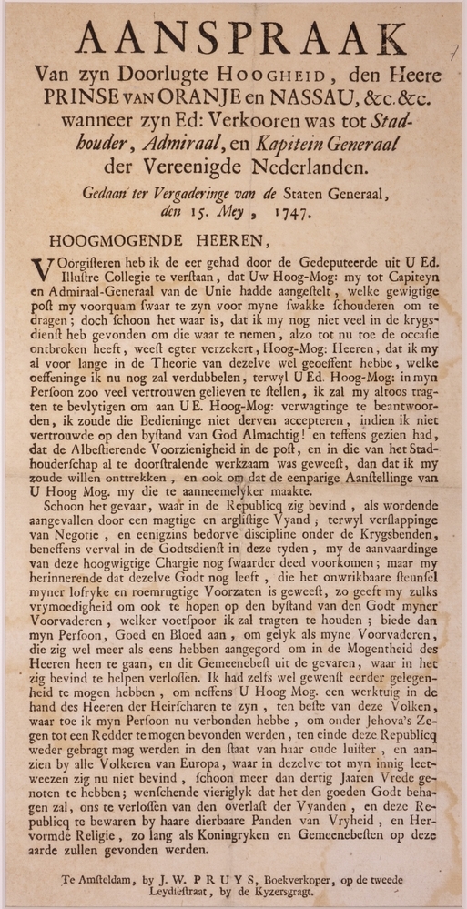 Toespraak van Willem IV nadat hij tot Stadhouder, Admiraal en Kapitein Generaal der Vereenigde Nederlanden was verkoren.
