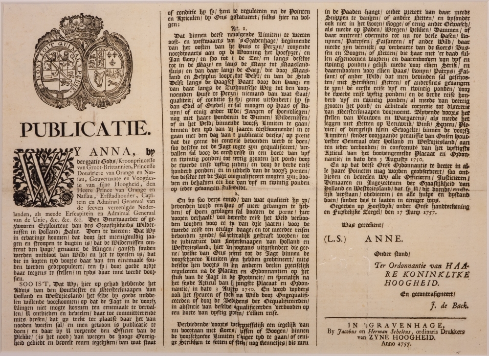 Publicatie van Anna over een verbod tot jagen in de bossen bij 's Gravenhage.