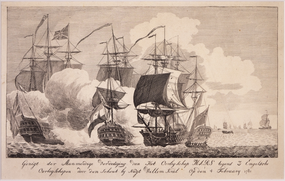 "Gezicht der Manmoedige Verdediging Van Het Oorlogschip MARS tegens 3 Engelsche Oorlogschepen door den schout bij Nagt Willm Krul Op den 4 February 1781"