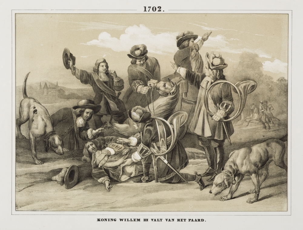 "WILLEM III VALT VAN ZIJN PAARD."