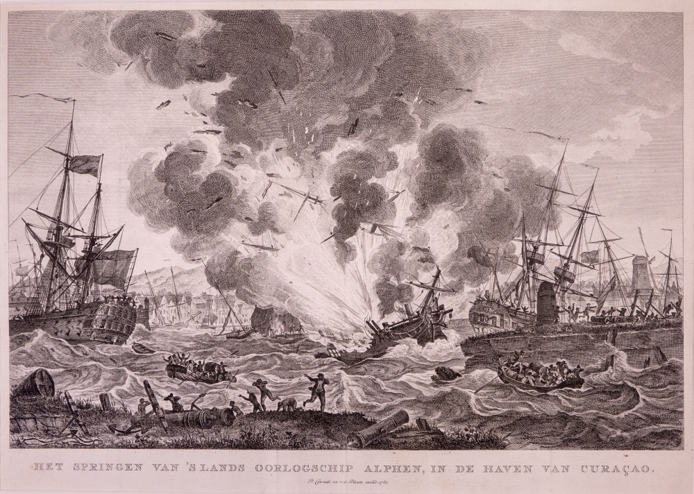 "HET SPRINGEN VAN 'S LANDS OORLOGSCHIP ALPHEN, IN DE HAVEN CURAÇAO."