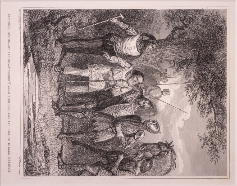 "EEN FRIES OPENBAART AAN GRAAF FLORIS V WAAR ZICH HET LIJK VAN KONING WILLEM BEVINDT."