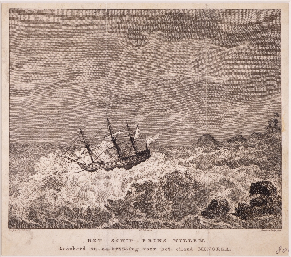 "HET SCHIP PRINS WILLEM, geankerd in de branding voor het eiland MINORKA."