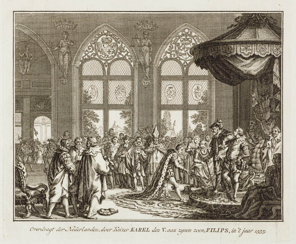 "Overdragt der Nederlanden, door Keizer KAREL den V. aan zijnen zoon, PHILIPS, in 't jaar 1555."