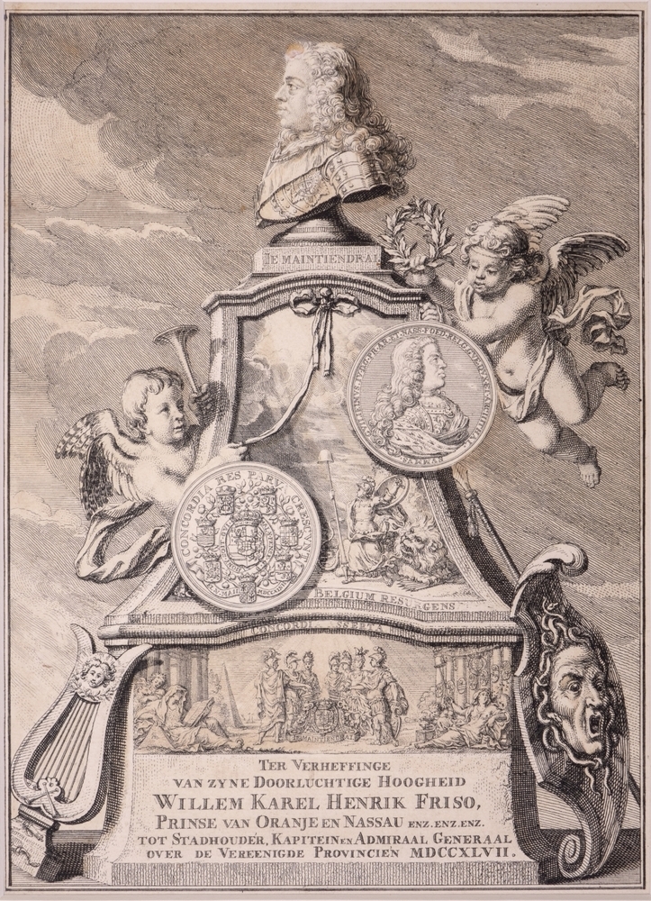 Zinneprent op de verheffing van Willem IV tot stadhouder.